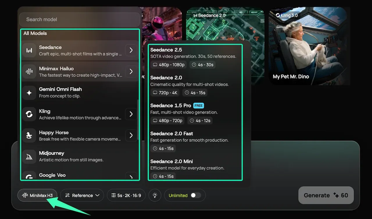 AI model selection dropdown list evaluated in best ai video generators comparison 2026.webp
