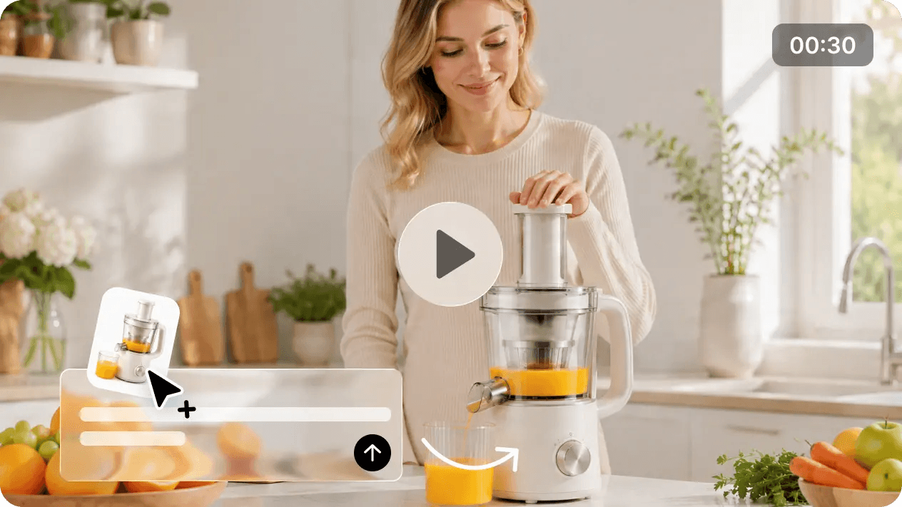AI video of a woman making fresh orange juice in a modern kitchen using Seedance 2.5 prompts