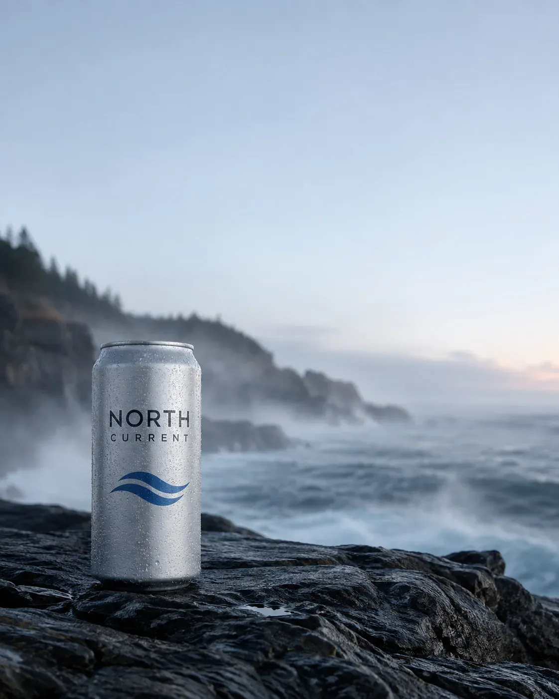 岩だらけの海岸に置かれたNorth Currentの飲料缶。AI画像プロンプトで構築された超リアルな写真を示しています