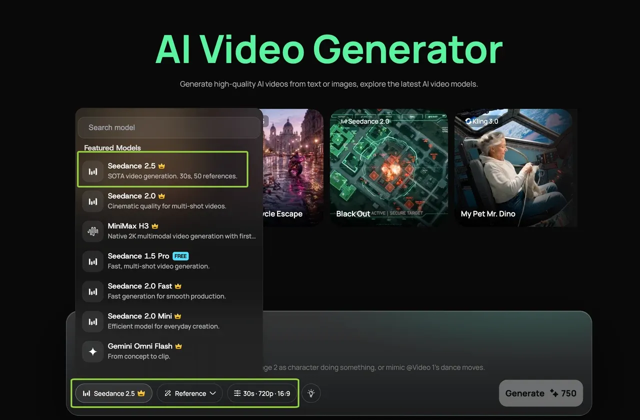 An ai video extender interface featuring the Seedance 2.5 model selection and 30-second generation settings.webp