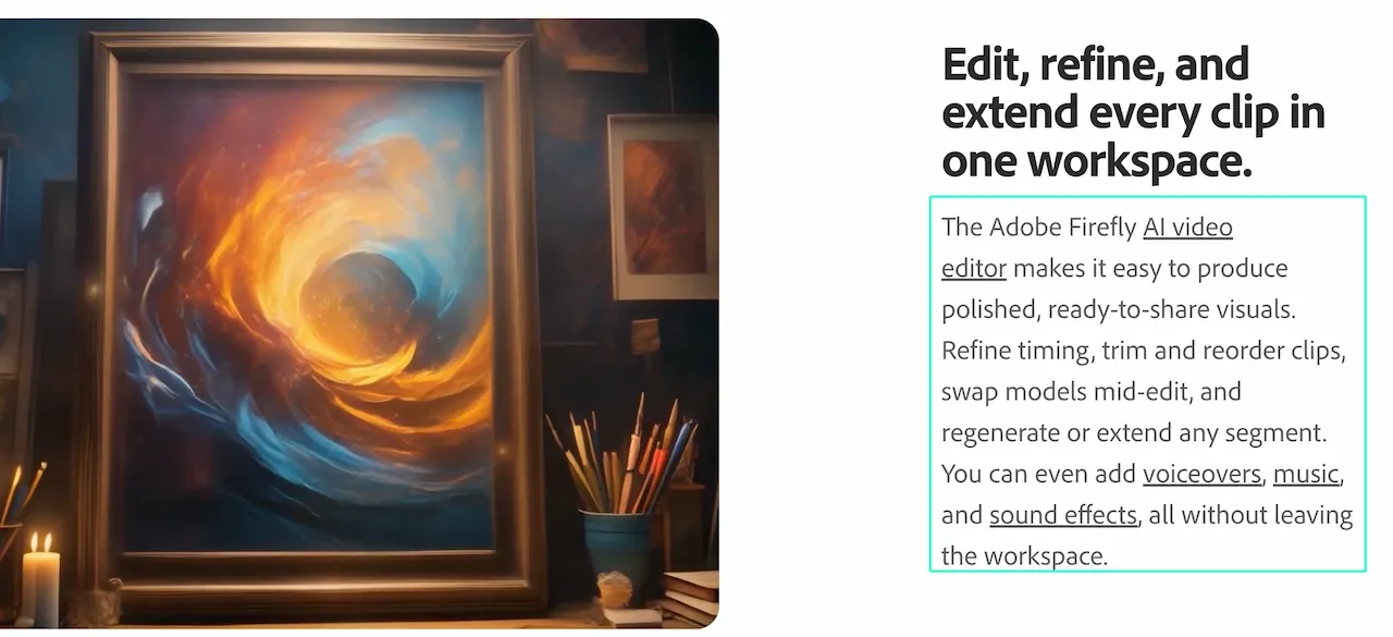 優れたAIミュージックビデオジェネレーターおよびエディターとしてのAdobe Fireflyの機能を説明する情報テキストブロック。webp