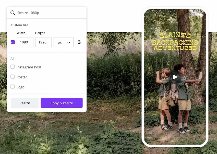 ソーシャルメディア動画編集に最適なAIツールの1つであるCanvaのリサイズ設定パネル