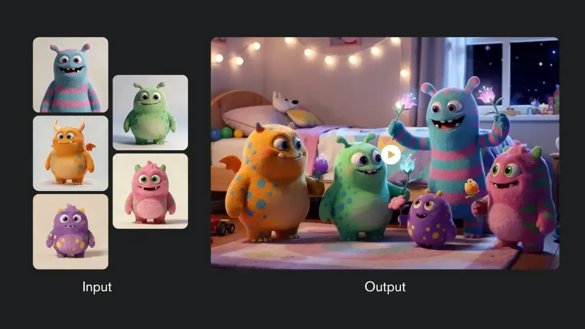 Comparison of multiple monster inputs generating a blended output scene using Seedance 2.5 multi reference