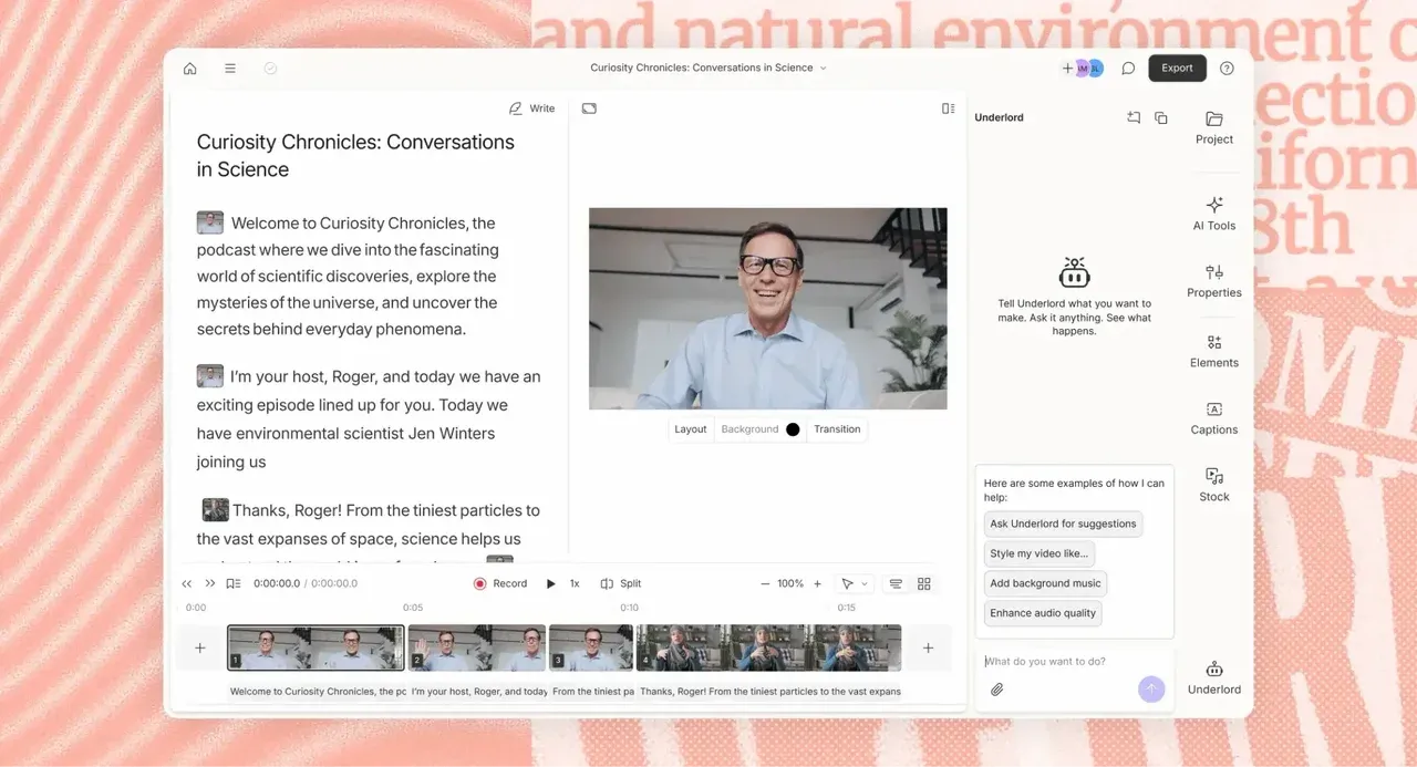 ソーシャルメディア動画制作に最適なAIツールの1つとして使用されるDescript Underlordエディター
