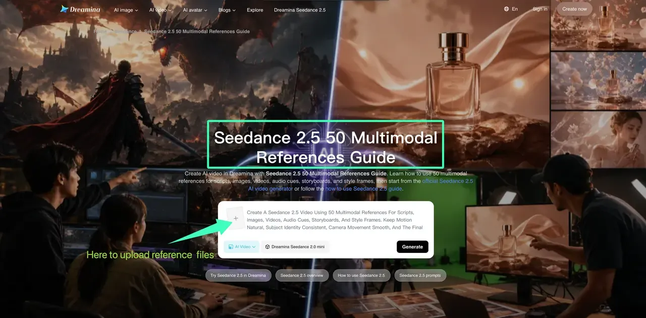 Dreamina web interface featuring the Seedance 2.5 50 multimodal references guide for video creation