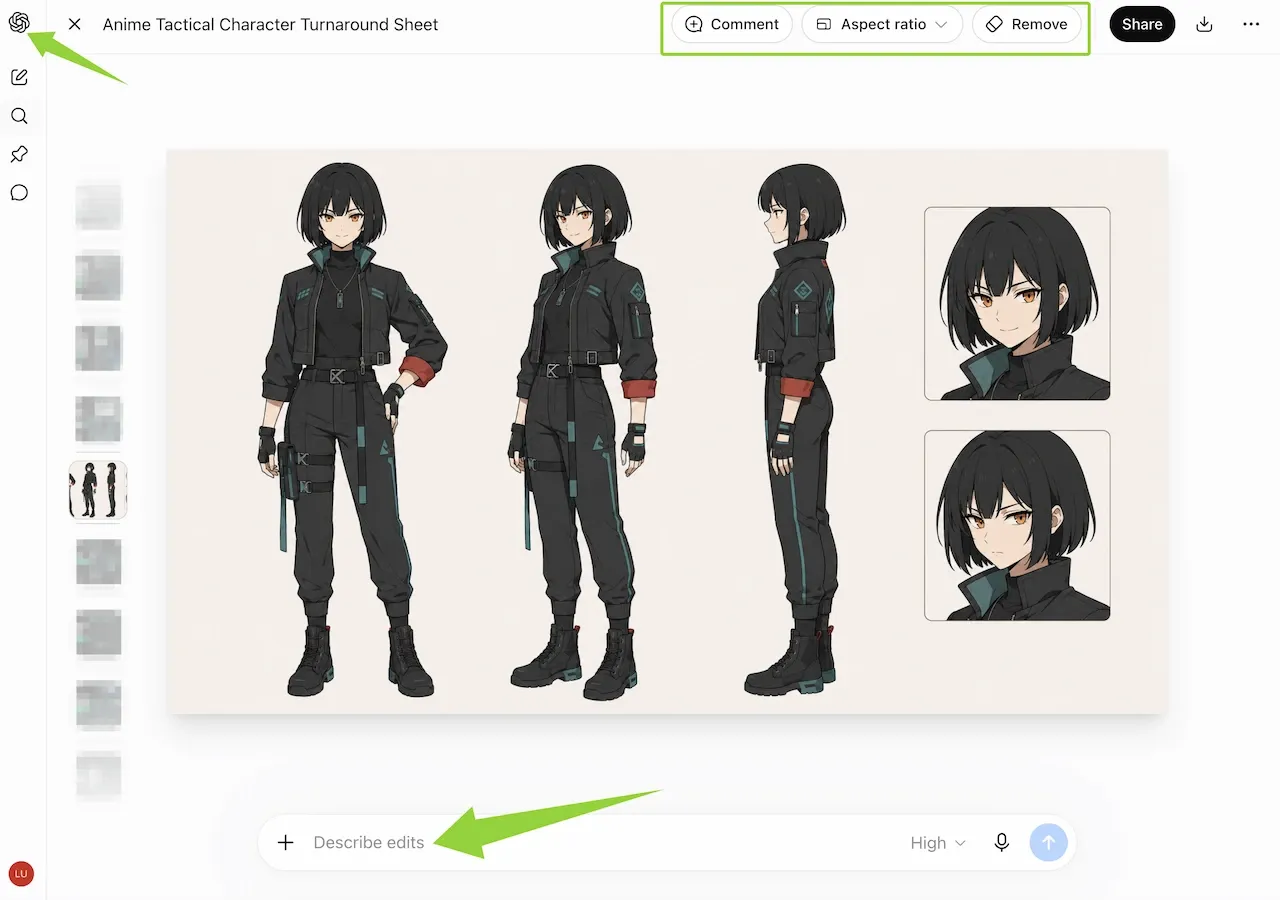 アニメーションやゲームデザインのクリエイティブワークフローに最適なAI画像生成ツールを使用して、キャラクターの三面図を編集する