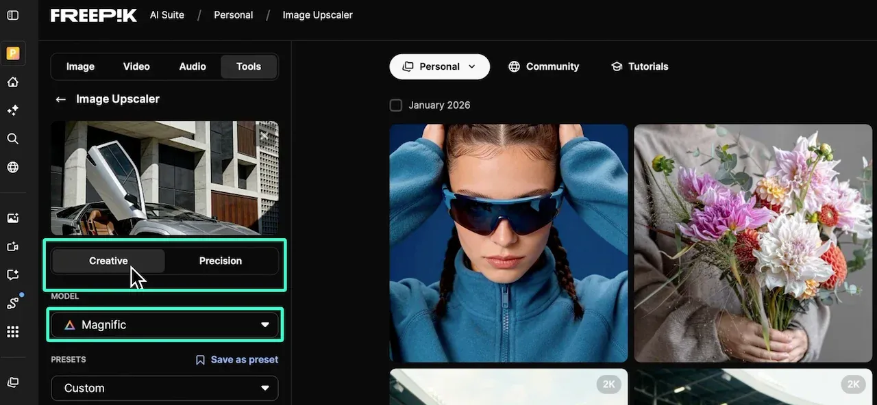 クリエイター向けの最高のAI画像アップスケーラーとしてMagnificを統合したFreepik AI Suiteのダッシュボード。webp