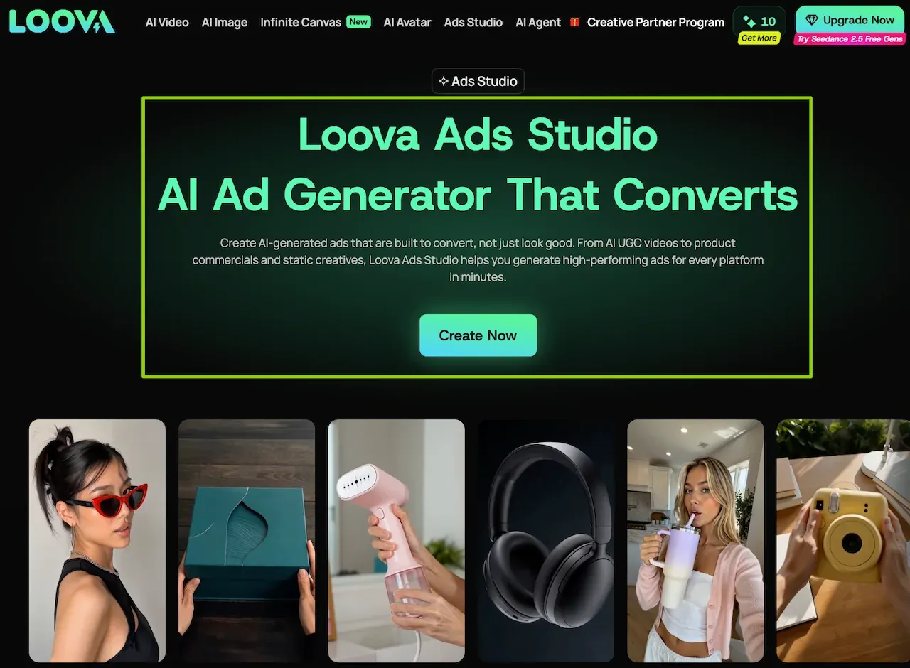 Loova Ads Studio interface ranked among best AI video generators for Facebook ads 2026.webp