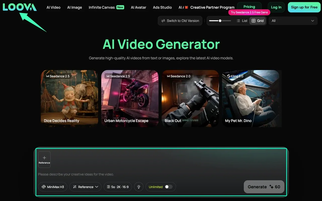 ソーシャルメディア動画クリップに最適なAIツールを紹介するLoova動画ジェネレーターのインターフェース