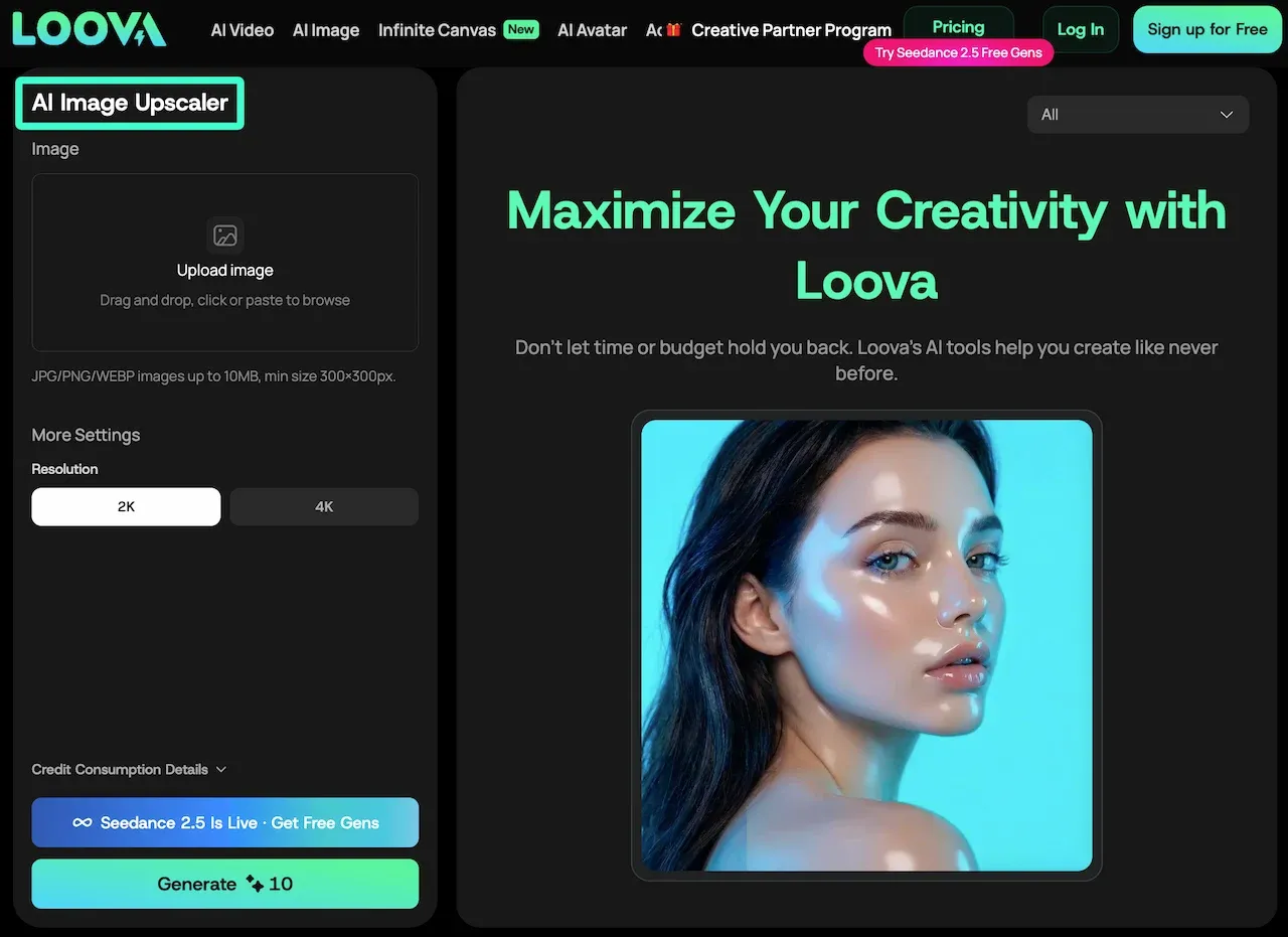 最高のAI画像アップスケーラーツールの2Kおよび4K設定を表示するLoovaのオンラインダッシュボード。webp