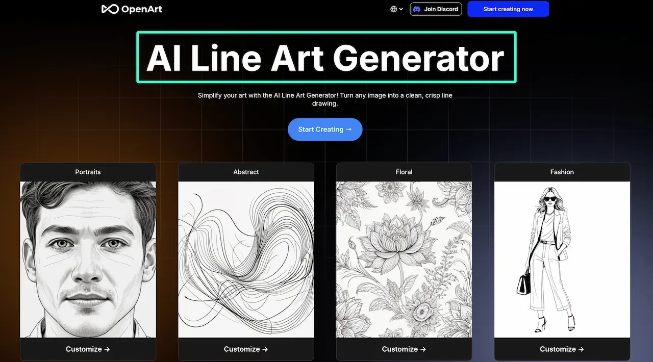 OpenArt is considered the best ai image generator for line art, ideal for portraits, abstract, floral, and fashion.webp