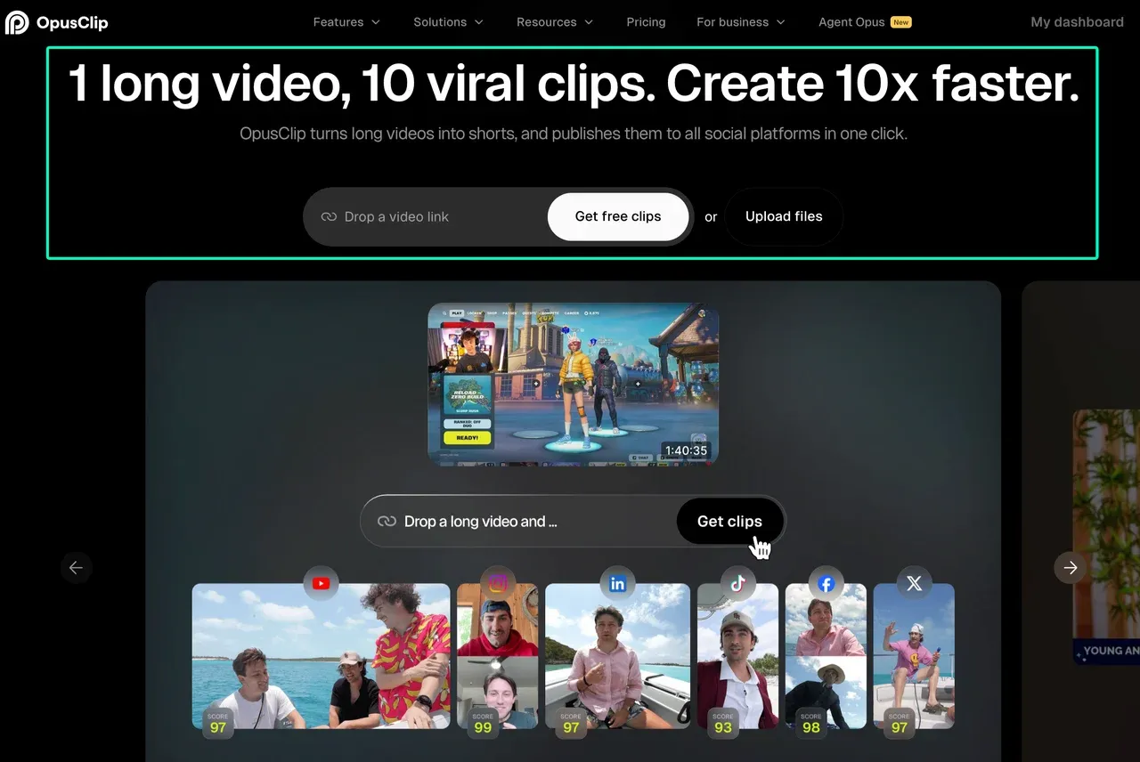 ソーシャルメディア動画の再利用に最適なAIツールの1つとして認められているOpusClipプラットフォーム