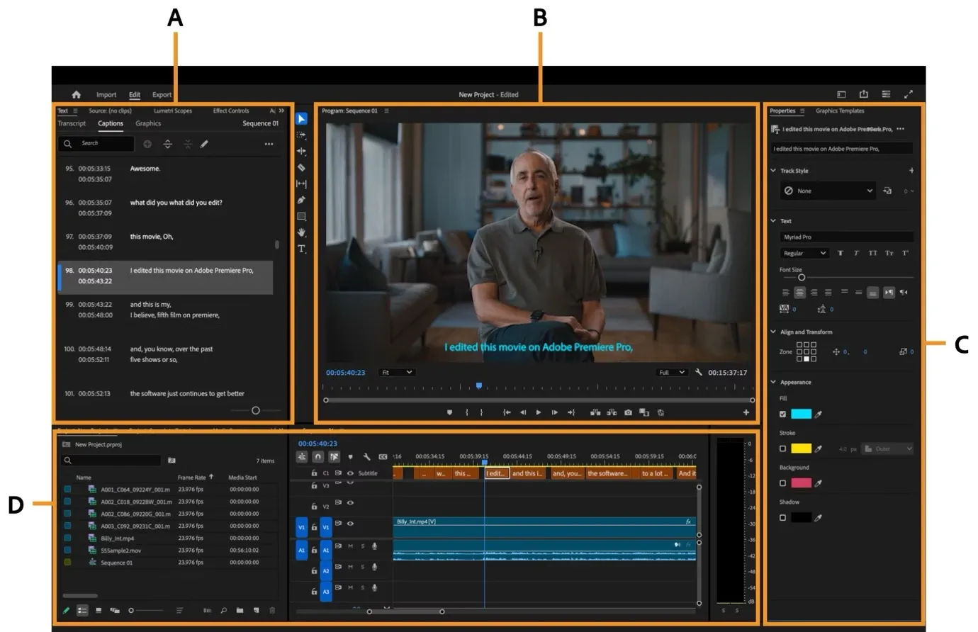 Premiere Pro auto captioning panel- best AI features for enhancing UGC video quality