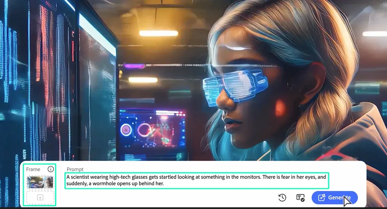 SF風のAI動画プロンプトの実行例。ワームホールが開く中でモニターを見つめる女性科学者を生成。webp