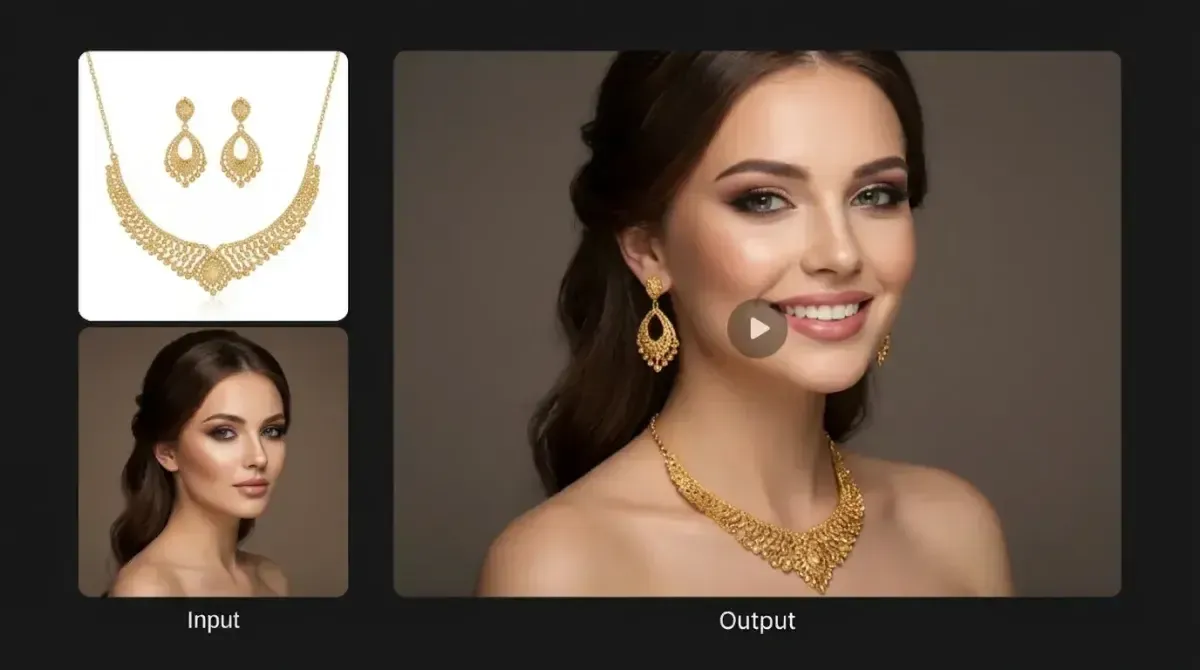 Seedance 2.5 multi reference demo synthesizing a specific jewelry set onto a fashion model output image