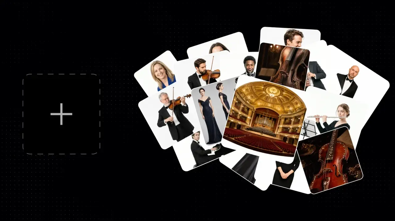 Seedance 2.5 multi reference input showing a collection of orchestra musician and instrument reference photos