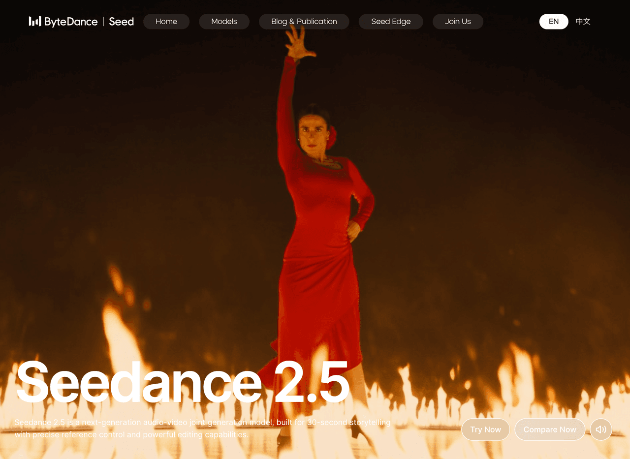 The homepage of the official Seedance 2.5 platform, showcasing a video made with their sophisticated Seedance 2.5 prompt templates