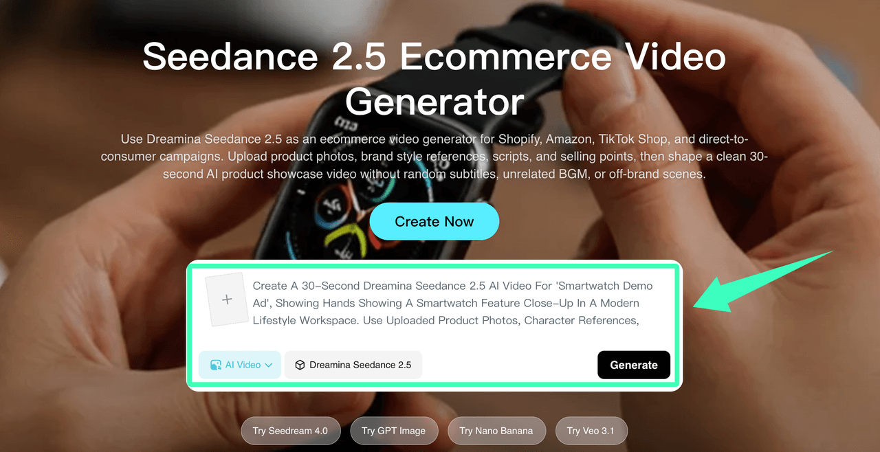 The interface for generating AI smartwatch ads, highlighting the detailed Seedance 2.5 prompt templates available