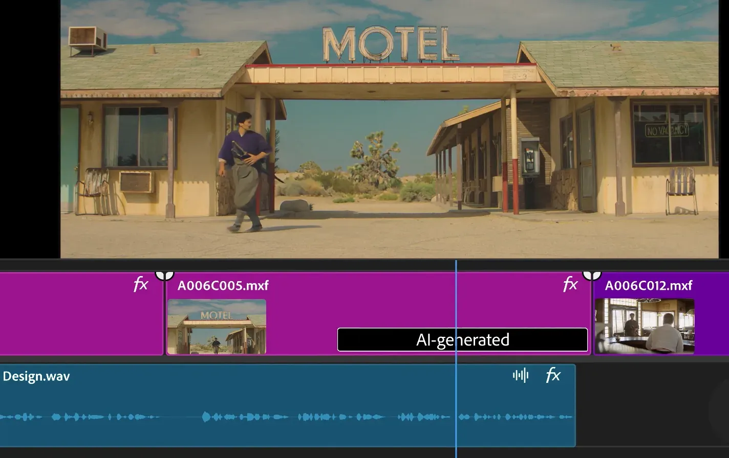 View an ai video extender filling gaps in a video timeline with AI-generated footage of a man walking near a motel.webp