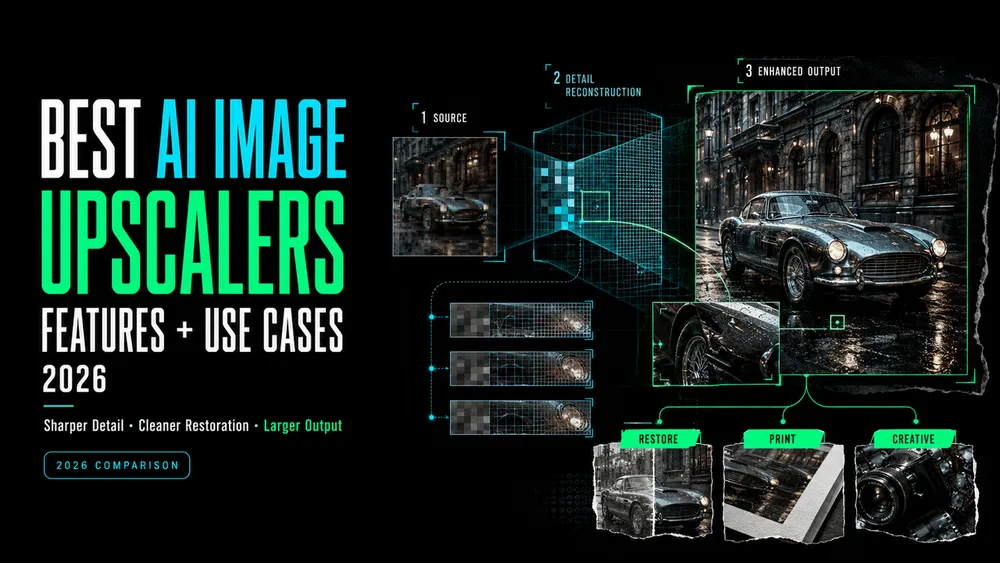 Infographic comparing features and use cases to find the best ai image upscaler for photo enhancement.