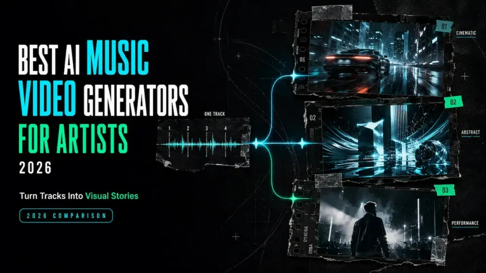 A stylish neon graphic comparing the best AI music video generators for artists in 2026.webp