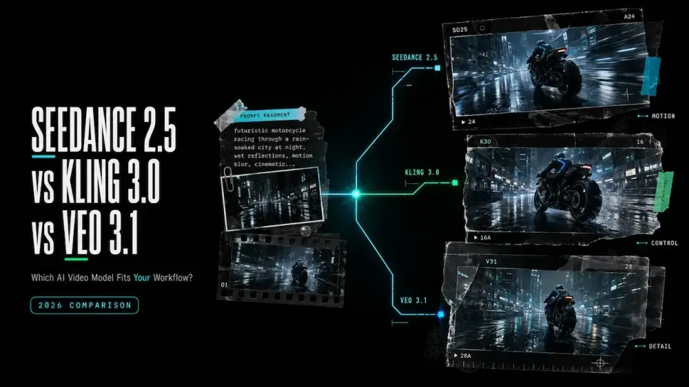 Comparison chart of Seedance 2.5 vs Kling 3.0 vs Veo 3.1 AI video workflow features