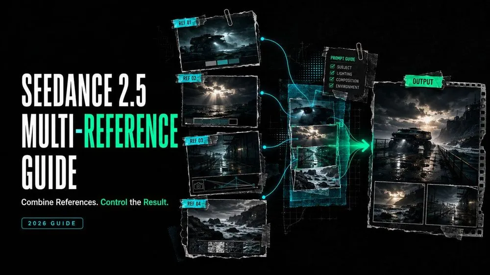 Infographic guide showing how the Seedance 2.5 multi reference workflow combines images for results