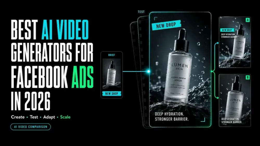 Overview of best AI video generators for Facebook ads 2026 showing creative ad test variations.webp
