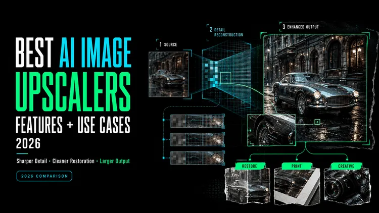Infographic comparing features and use cases to find the best ai image upscaler for photo enhancement.