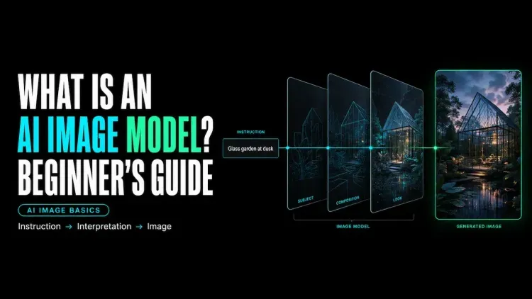 A beginner's guide infographic explaining how an AI image model turns text instructions into a generated image.webp