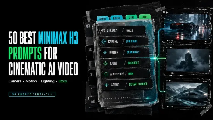 A cinematic video guide showing 50 MiniMax H3 prompts for camera motion, light, and story