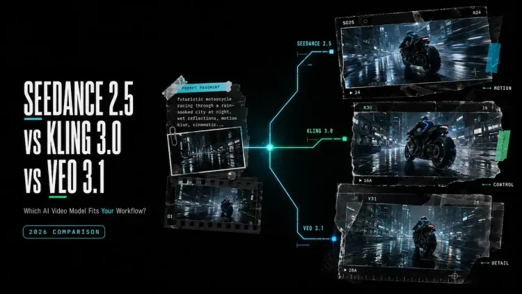 Comparison chart of Seedance 2.5 vs Kling 3.0 vs Veo 3.1 AI video workflow features