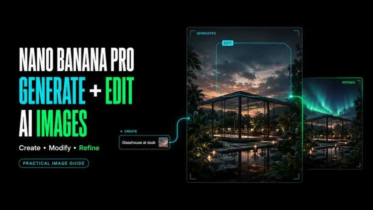 Learn to generate and edit AI images effectively with this introductory Nano Banana Pro guide showing dusk glasshouse edits.webp